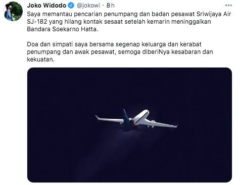 Presiden Jokowi Sampaikan Belasungkawa Atas Musibah Jatuhnya Pesawat Sriwijaya SJ182