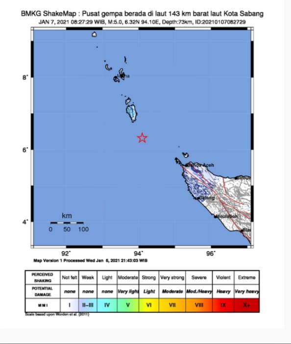 Gempa 5,0 Magnitudo Guncang Kota Sabang