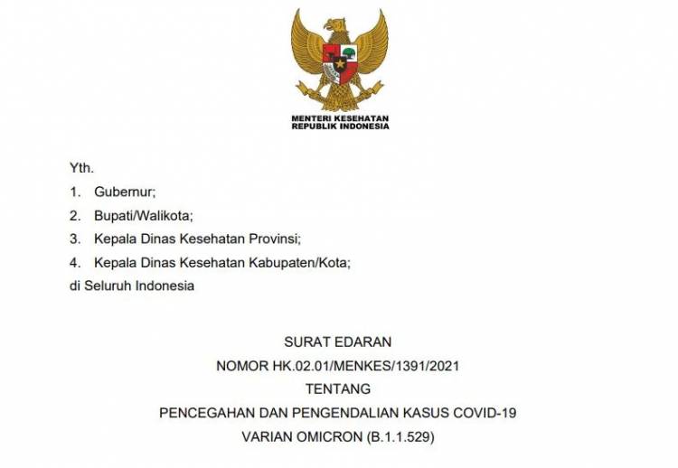 Menkes Terbitkan Edaran Pencegahan dan Pengendalian Varian Omicron