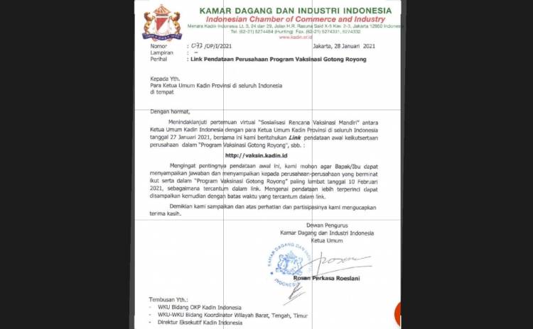 Kadin Imbau Perusahaan Mendaftar dan Berpartisipasi dalam Program Vaksinasi Covid-19
