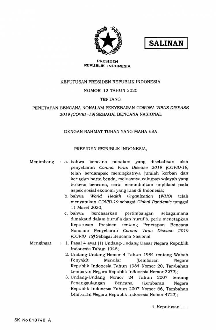 Presiden Tetapkan Bencana Nonalam Penyebaran Covid-19 sebagai Bencana Nasional 