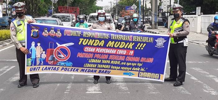 Cegah Penyebaran Covid-19, Unit Lantas Polsek Medan Baru Himbau Pengendara Tunda Mudik