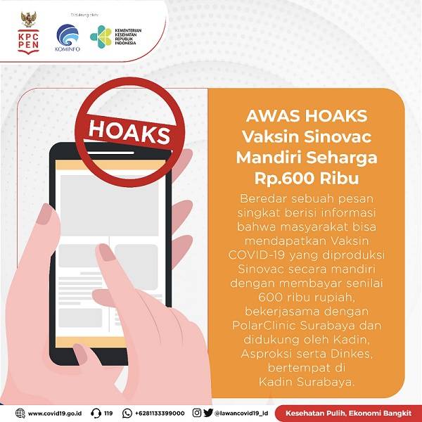 Bantah Kabar Biaya Vaksin Sinovac Mandiri Seharga Rp.600 Ribu, Satgas Covid-19 Sebut "Itu Hoaks"