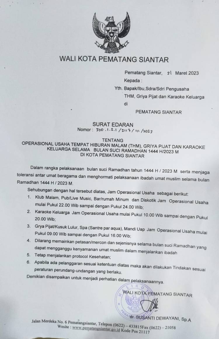 Pemko Pematang Siantar Terbitkan SE Operasional THM dan Karaoke Selama Ramadhan