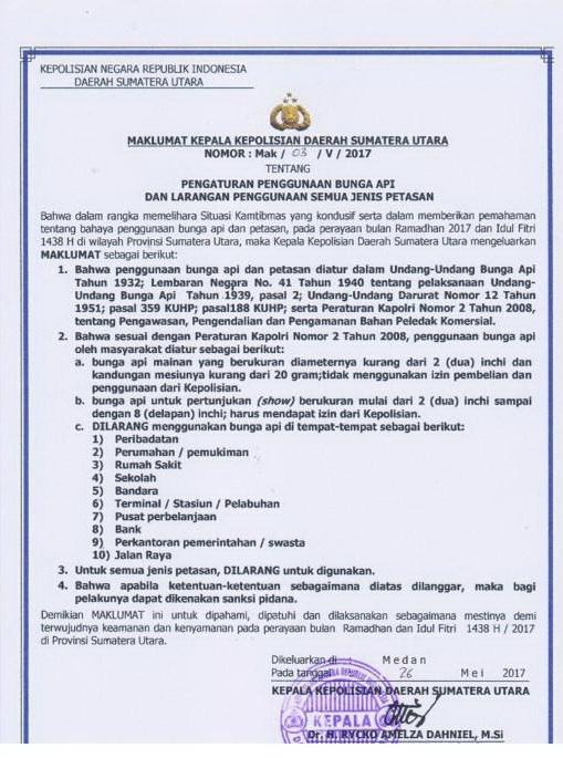 Kapolda Sumut Keluarkan Maklumat Larangan Penggunaan Semua Jenis Petasan