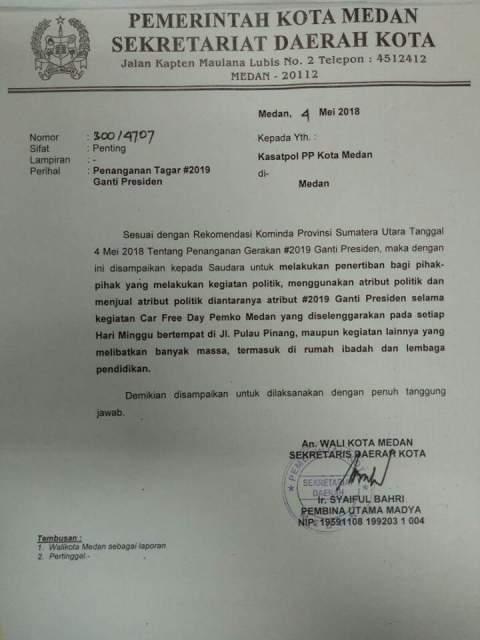 Walikota Medan Larang Kegiatan #2019GantiPresiden 