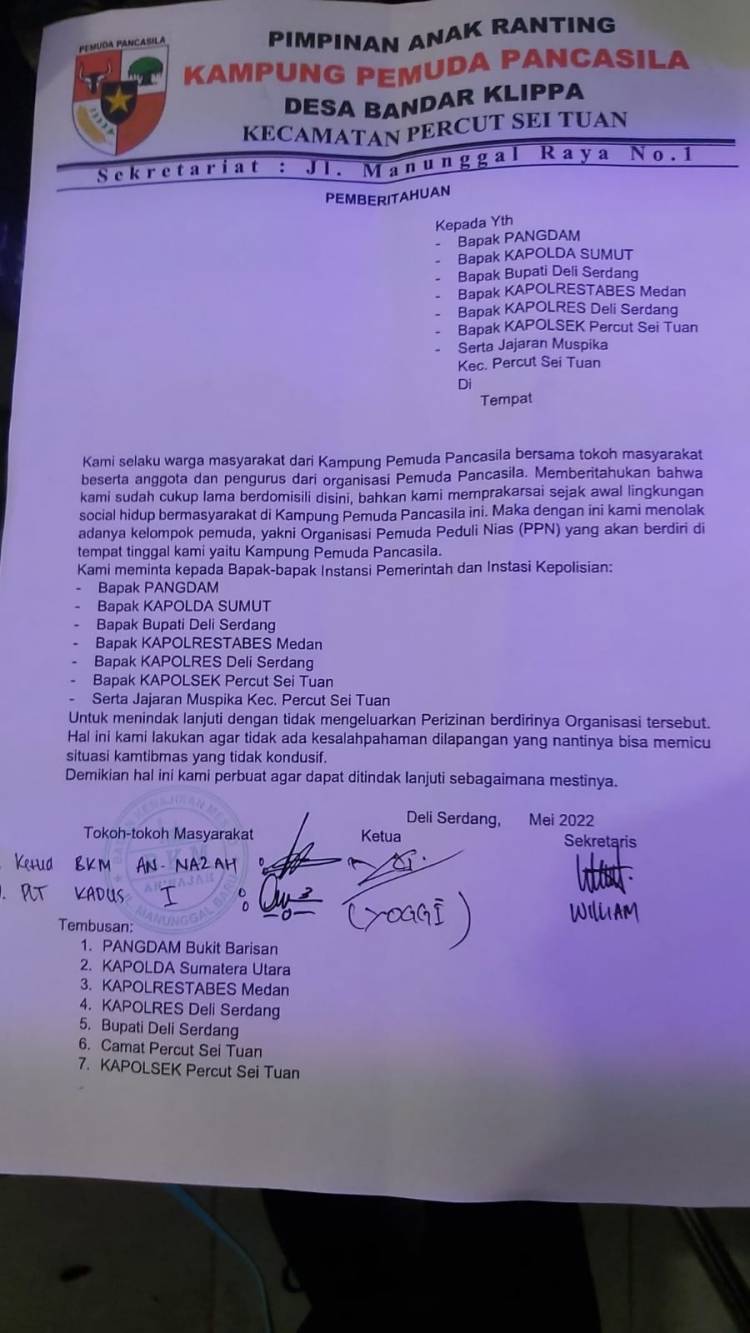 Warga Kampung Pemuda Pancasila Tolak Keberadaan Kelompok Pemuda PPN di Desa Bandar Klippa 