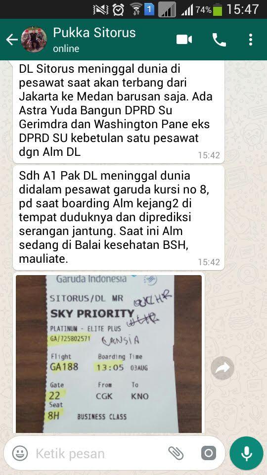 DL Sitorus Dikabarkan Meninggal Dunia di Dalam Pesawat Garuda Jurusan Jakarta-Medan