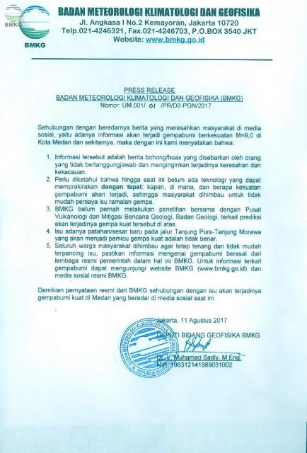 BMKG Bantah Isu Gempa di Medan dan Sekitarnya