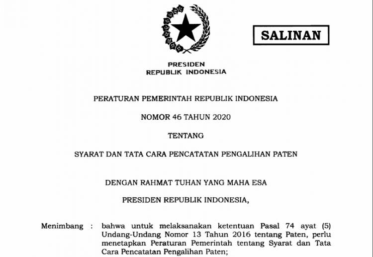 Inilah Syarat dan Tata Cara Pencatatan Pengalihan Paten Sesuai PP 46 Tahun 2020