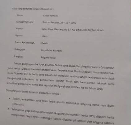 Brigadir Sadat Romulo Berikan Hak Jawab dan Bantah Cekoki MS Pil Ekstasi