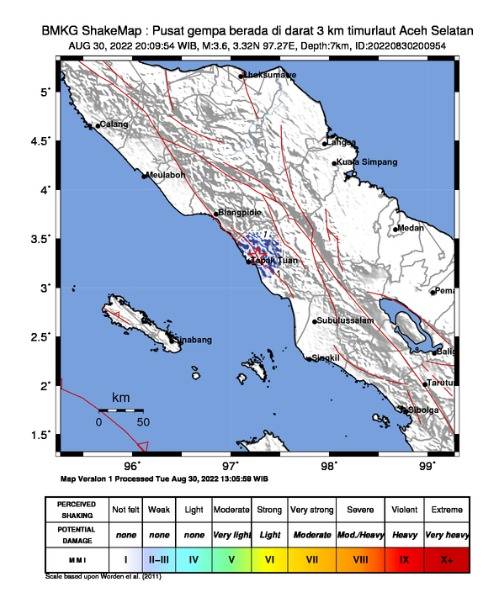 Gempa Bumi Tektonik M 3,6 Guncang Pasie Raja Aceh Selatan