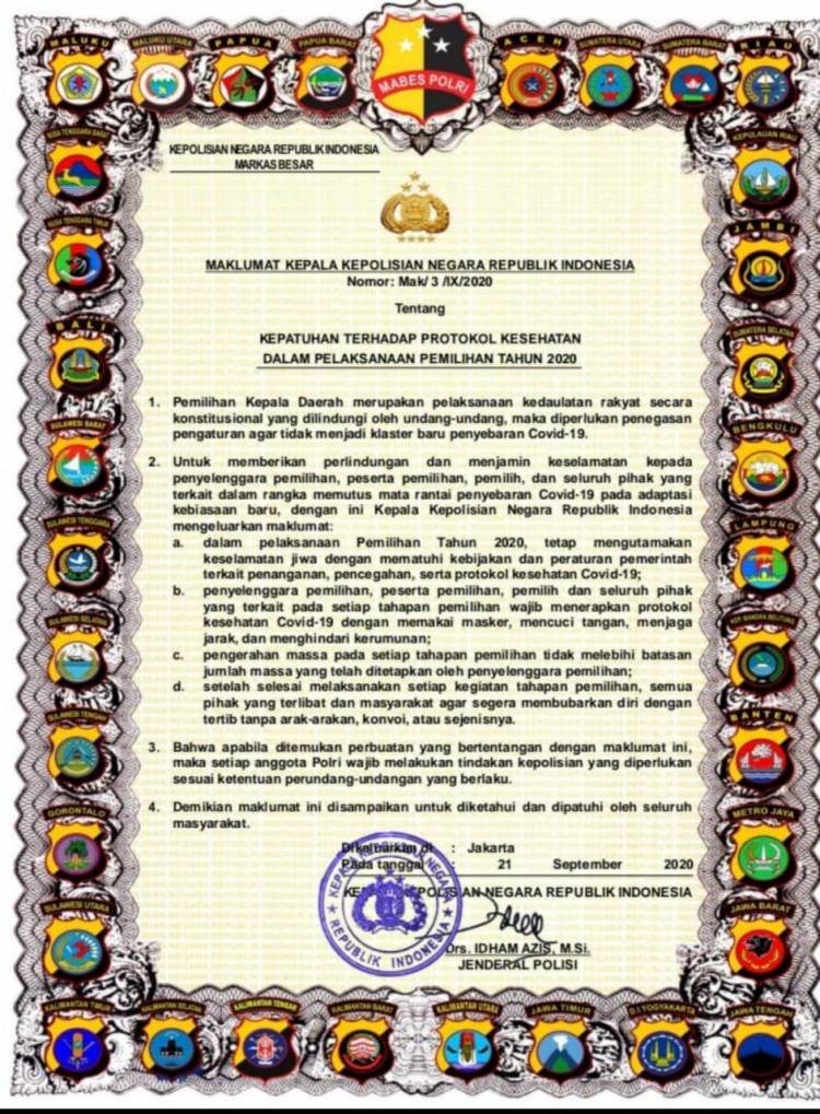 Kapolri Terbitkan Maklumat Cegah Klaster Covid-19 di Pilkada Serentak Tahun 2020