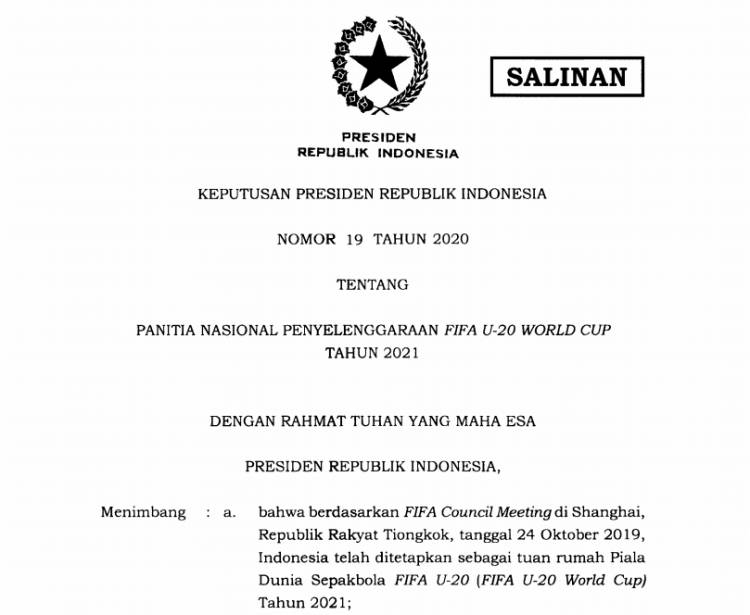 Inilah Keppres Panitia Nasional Penyelenggaraan FIFA U-2O World Cup Tahun 2021