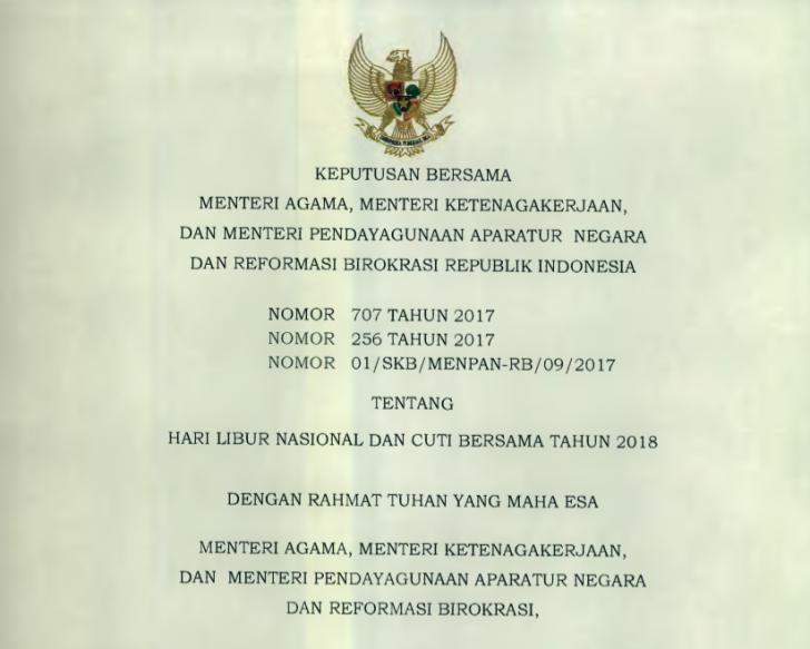 Pemerintah Tetapkan Hari Libur Nasional dan Cuti Bersama Tahun 2018