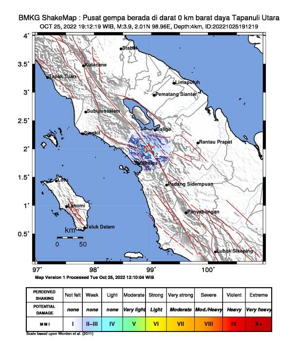 Lagi, Gempa Bumi Tektonik Berkekuatan Magnitudo 3,9 Dirasakan di Tarutung