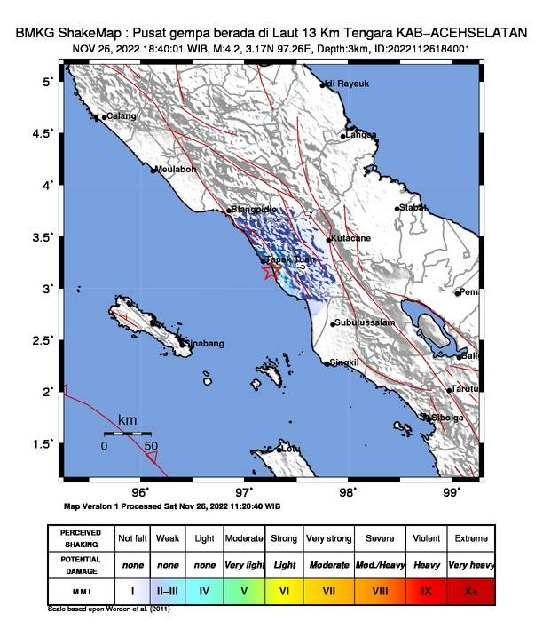 Gempa Berkekuatan Magnitudo 4,2 Guncang Tapaktuan