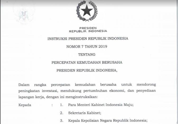 Inilah Inpres Nomor 7 Tahun 2019 tentang Percepatan Kemudahan Berusaha