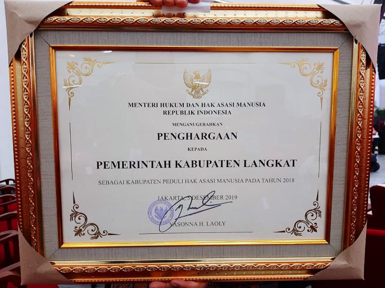 Wujudkan Kabupaten Heterogen dan Multietnik, Langkat Kembali Raih Piagam Peduli HAM