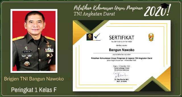 Brigjen TNI Bangun Nawoko Raih Peringkat 1 Pelatihan Kehumasan Unsur Pimpinan TNI AD TA 2020