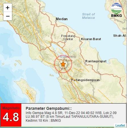 Gempa Bumi Magnitudo 4,8 Guncang Tapanuli Utara