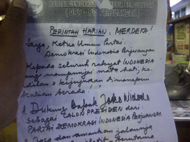 Tulisan Tangan Mandat Megawati Kepada Jokowi