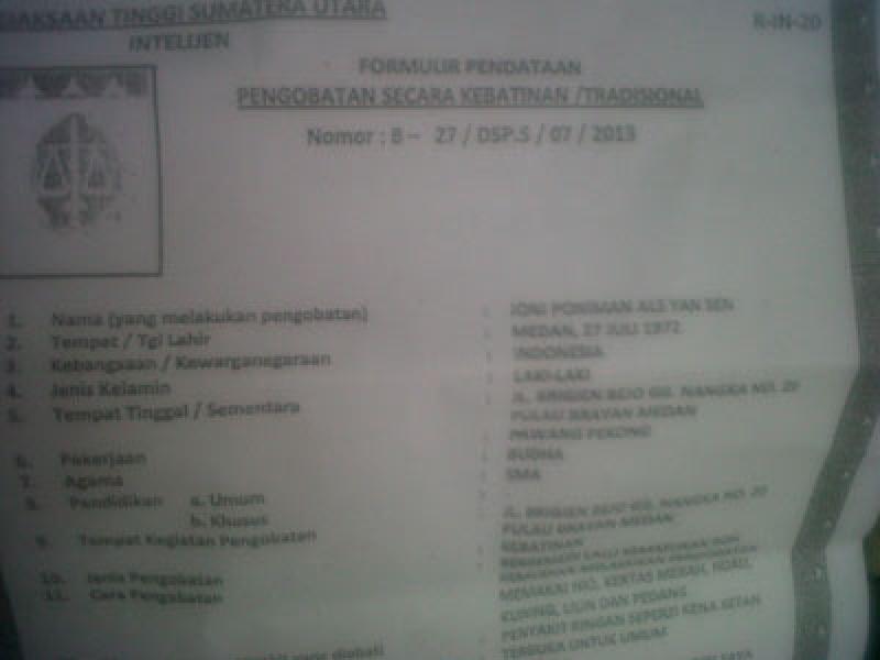 Formulir Pendataan Pengobatan Kejati Sumut Dipalsukan